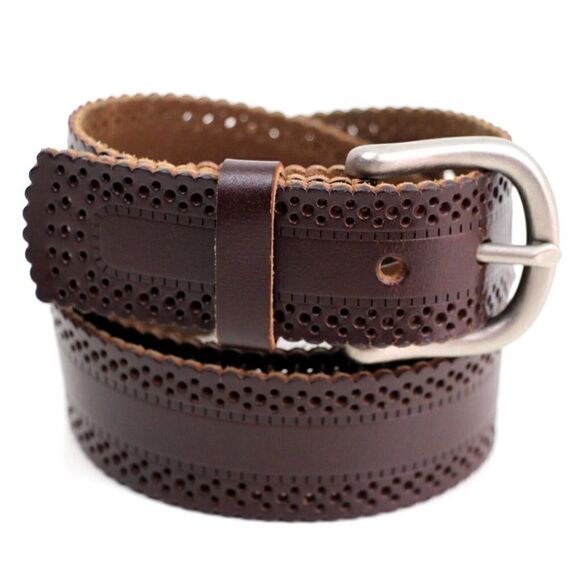 PERFORATION CUT OUT BROWN GENUINE LEATHER 1.5"Wd CASUAL WOMEN'S BELT Sz L (F20 - Picture 2 of 11